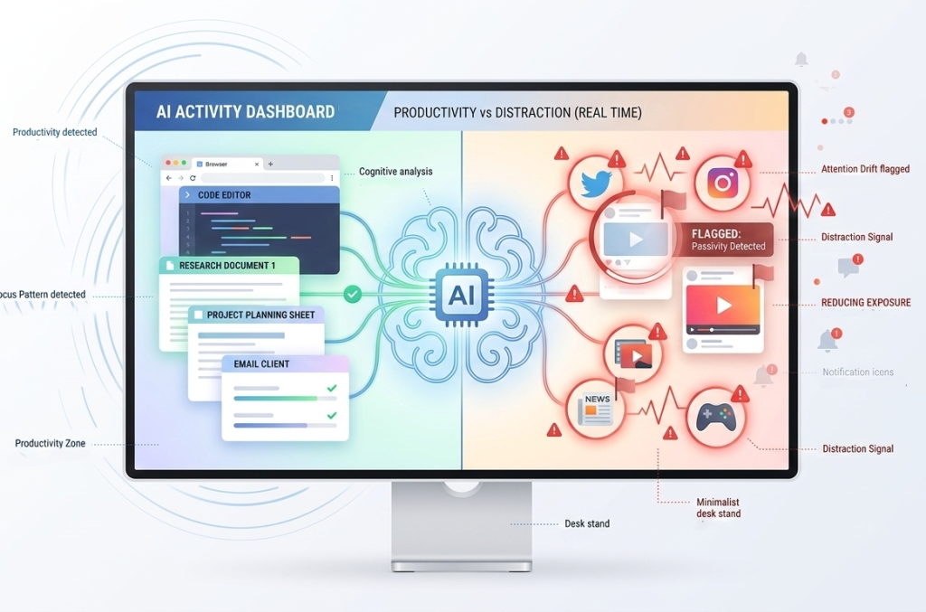 dashboard is split down the middle, with a productivity side and a distraction side