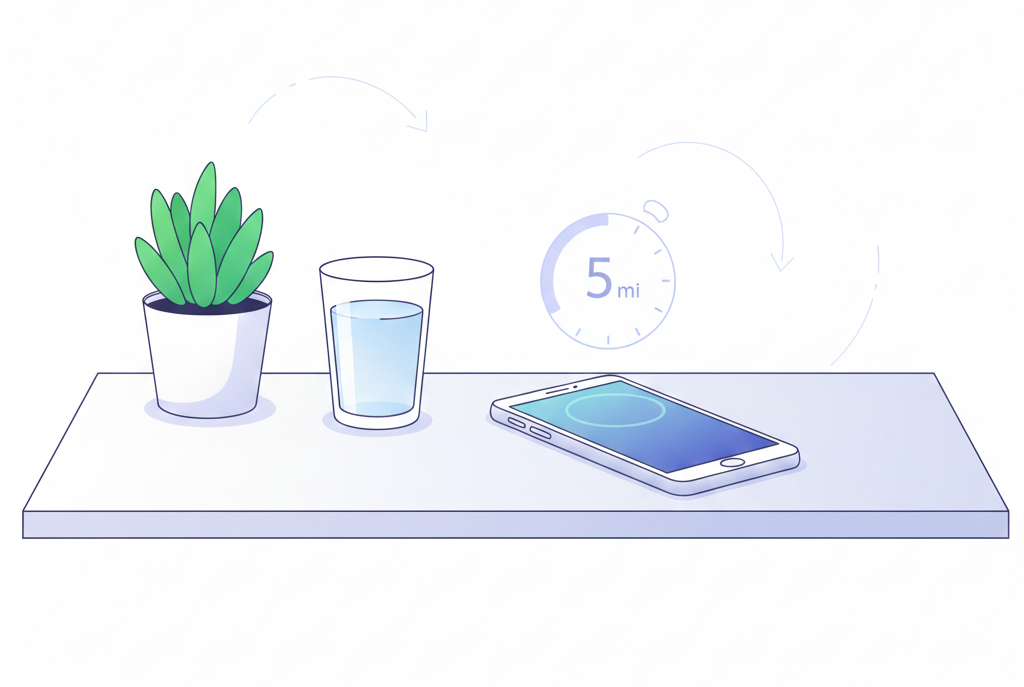 smartphone placed face down next to a glass of water and a small desk plant