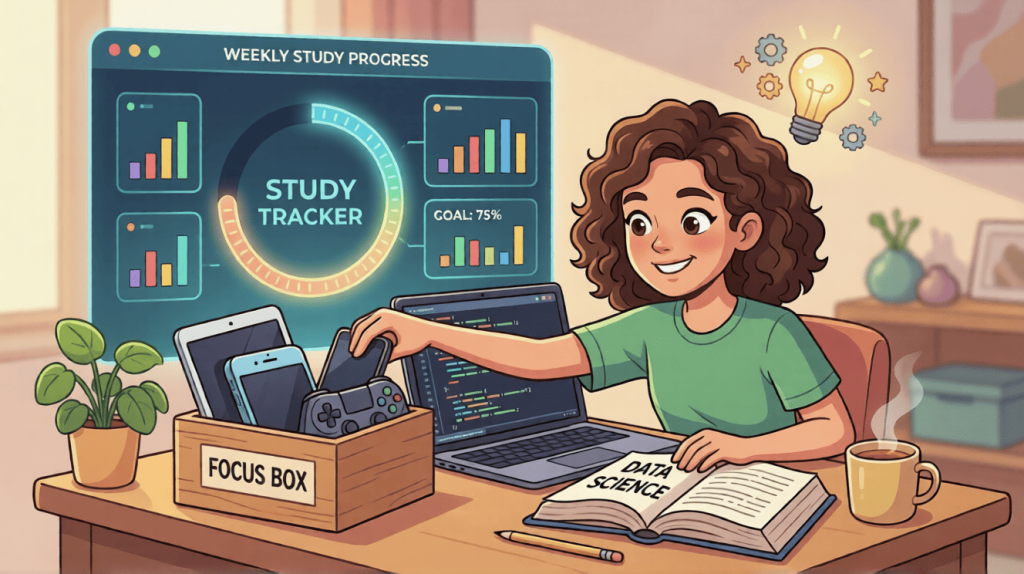 Shows someone removing distractions so they can focus on studies