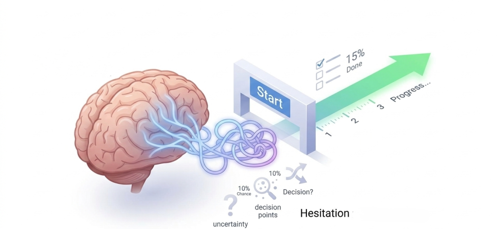 conceptual visual depicts a brain facing a Start barrier
