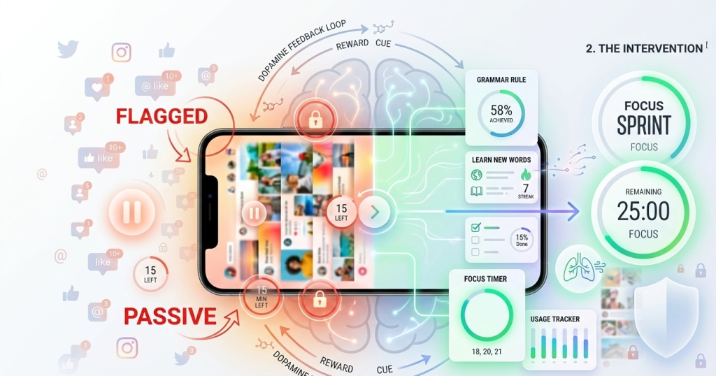 smartphone with layered barriers such as timers, app blockers