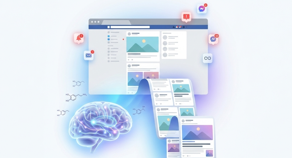 browser window showing an infinite scrolling feed with floating notifications