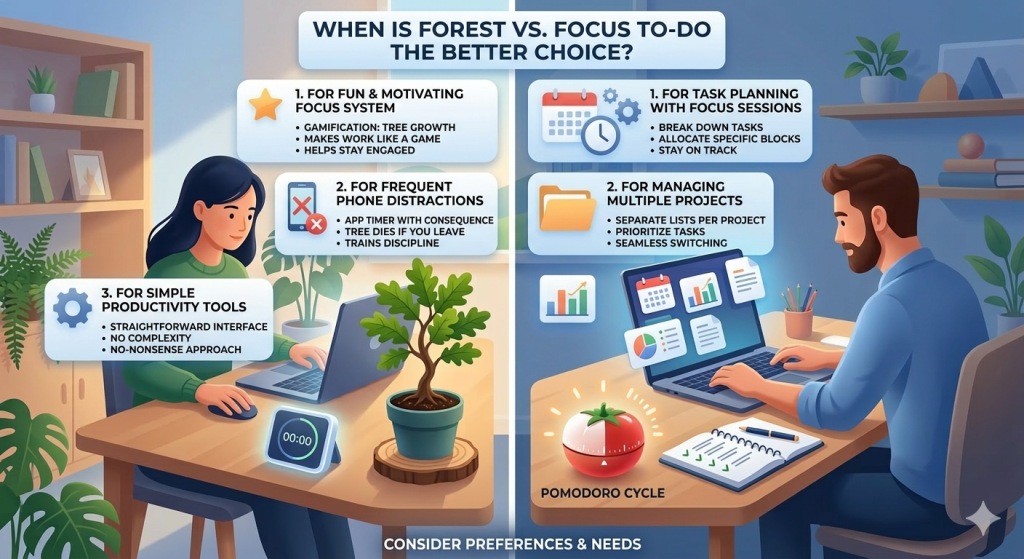 an infographic on when to choose each tool - Forest vs Focus to do