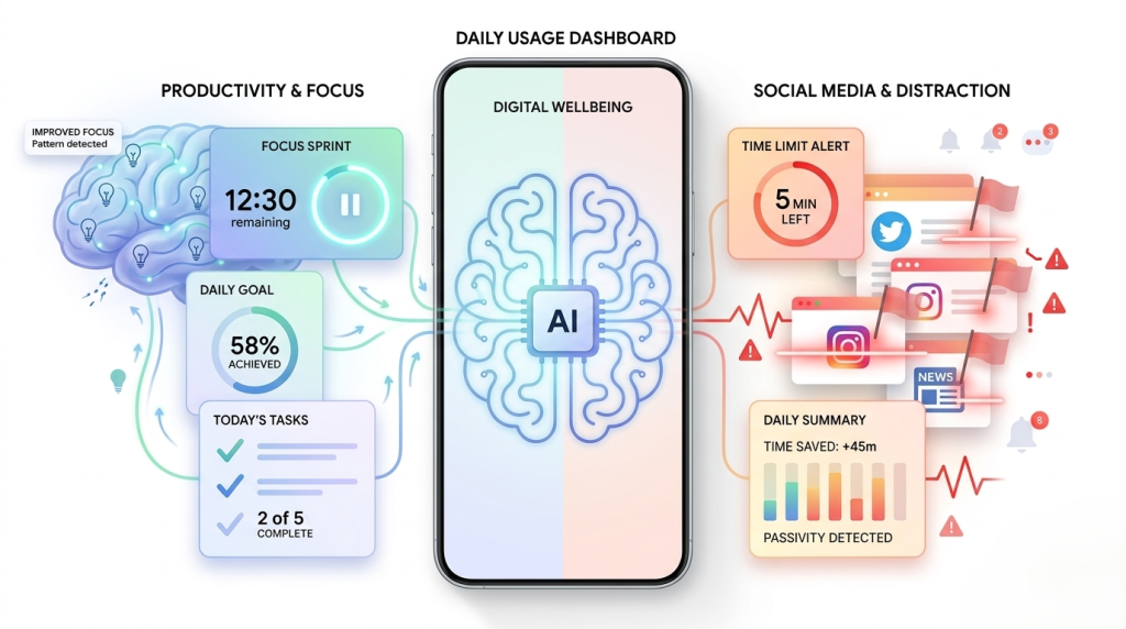 smartphone with a dashboard displaying daily social media usage limits