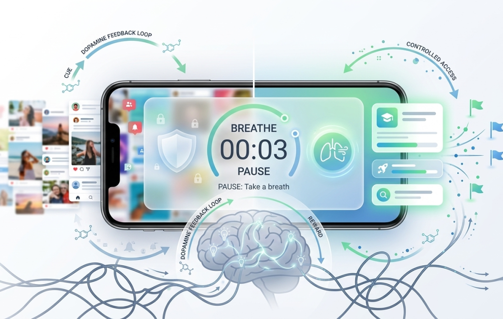 smartphone screen showing a pause or breathing timer appearing before a social media app opens