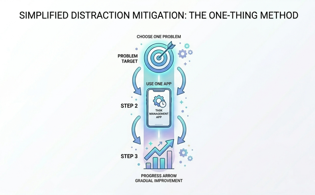 flow in the center: choose one problem → use one app → gradual improvement.