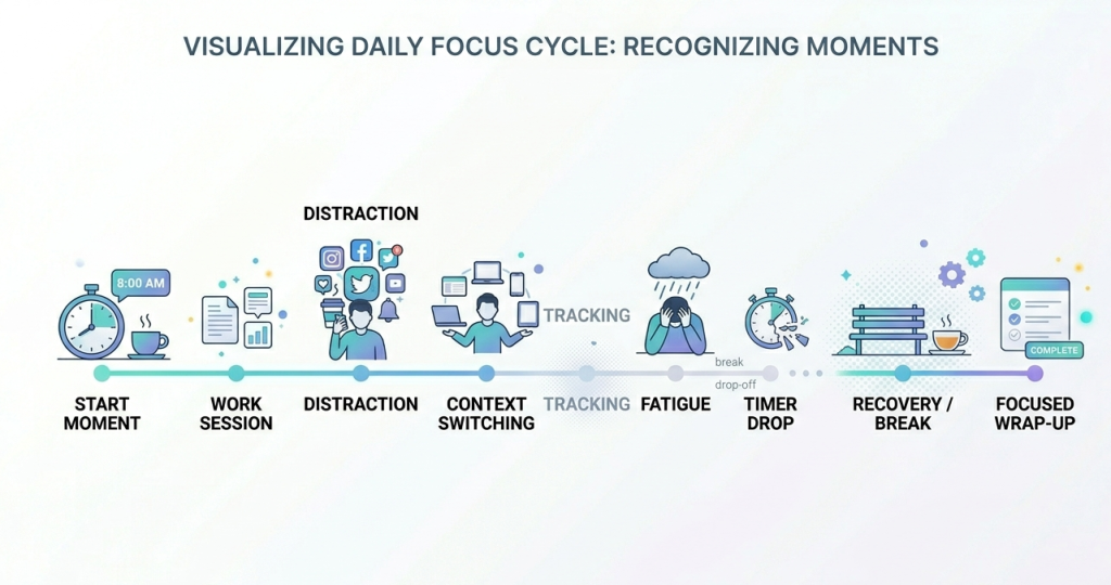 daily workflow timeline shown as a horizontal sequence