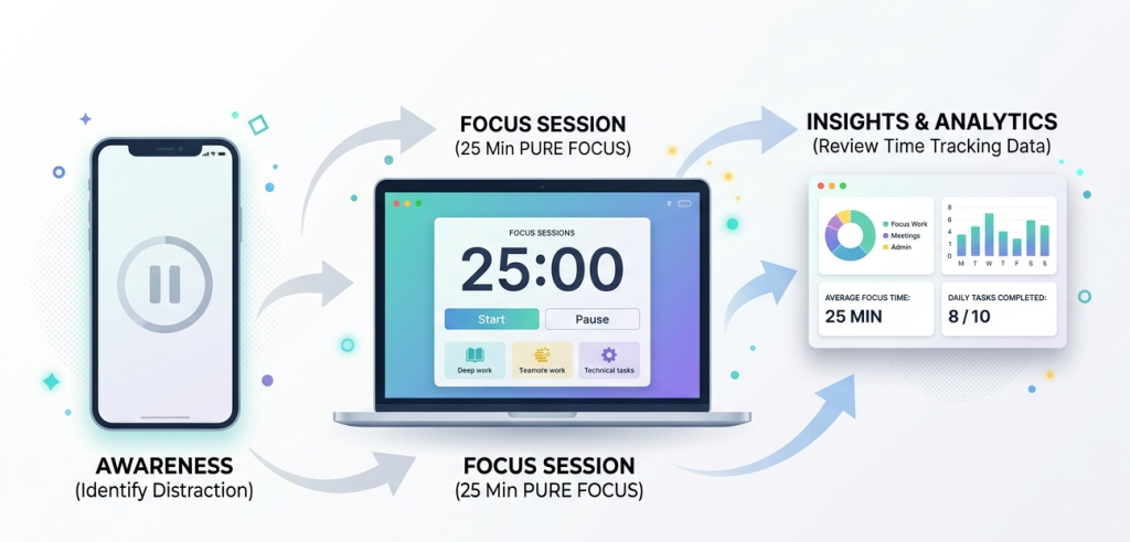 a pause icon on a phone, a focus timer on a laptop, and a small analytics dashboard representing time tracking.
