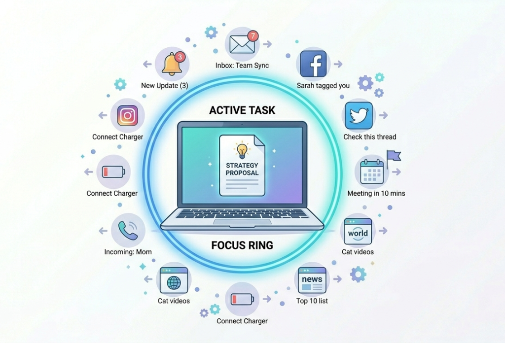 laptop with one active task in the center while small distraction icons