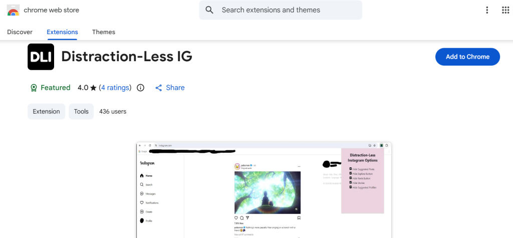 webpage of distraction-less IG extension 