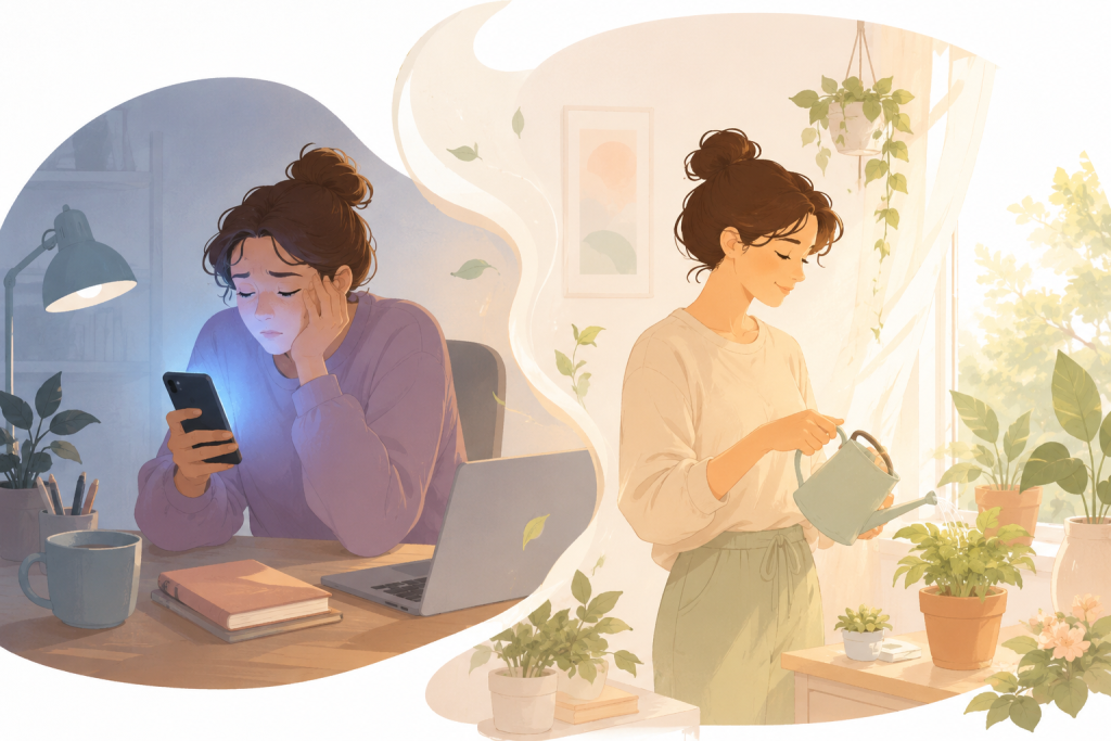 showing one person transitioning from passive scrolling to an offline activity