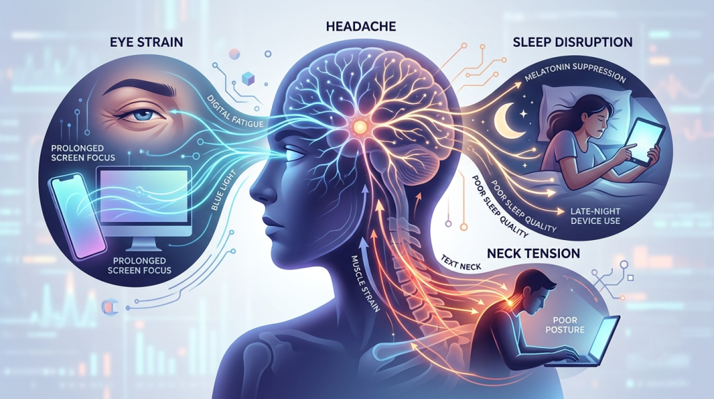 visual zones connected to one central headache point in the forehead
