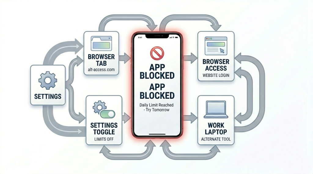 blocked app interface in the center with small arrows leading around it to alternative access points