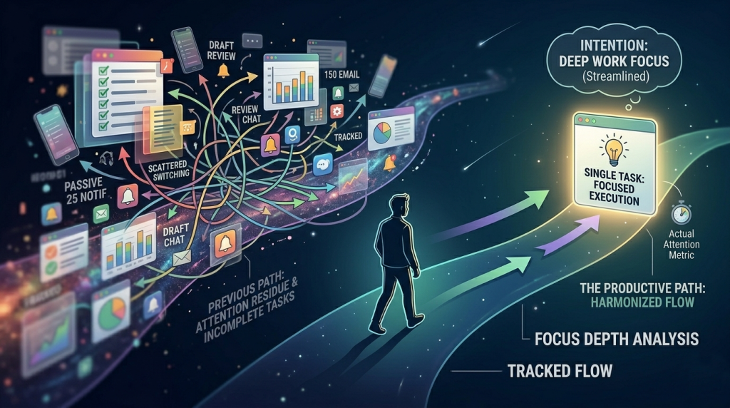 one timeline packed with colorful app windows, while the other is clean and focused with a single glowing task panel.