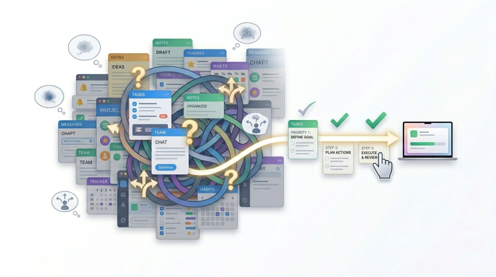 multiple app icons and task cards clustered in the center with small decision markers