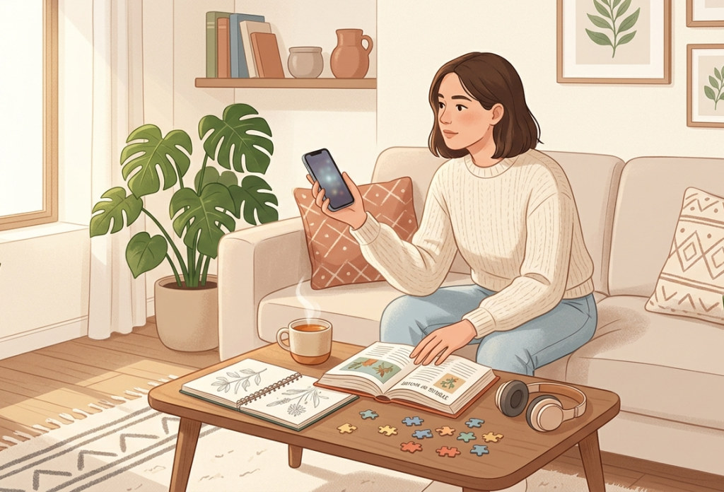 cozy living room scene with a young adult sitting on a sofa