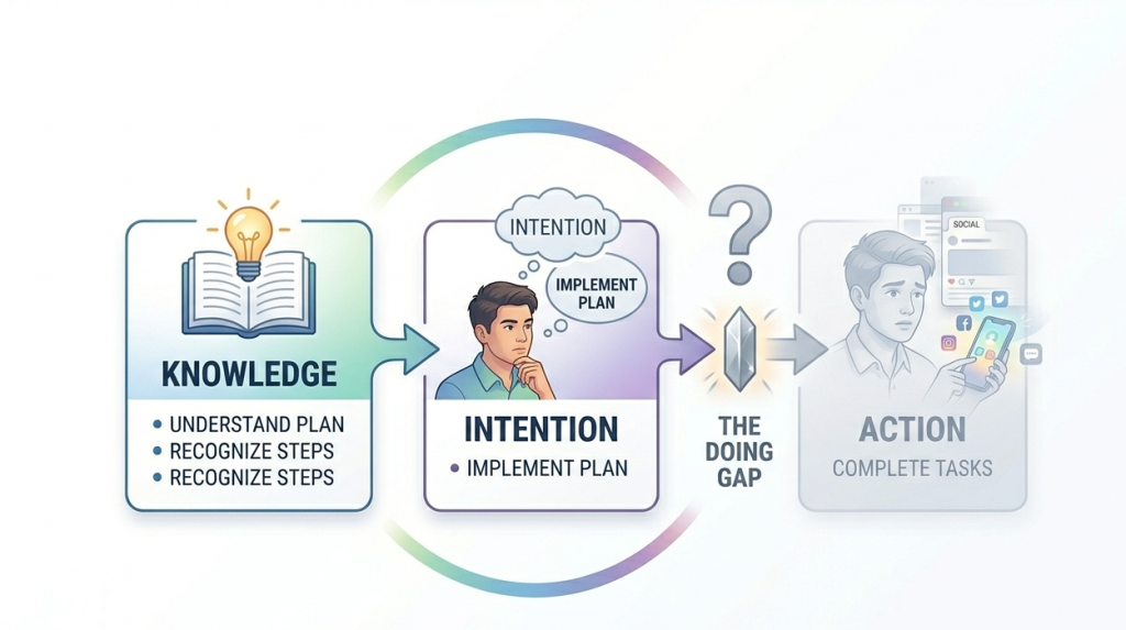 knowledge → intention → action, where the final step is broken or disconnected.