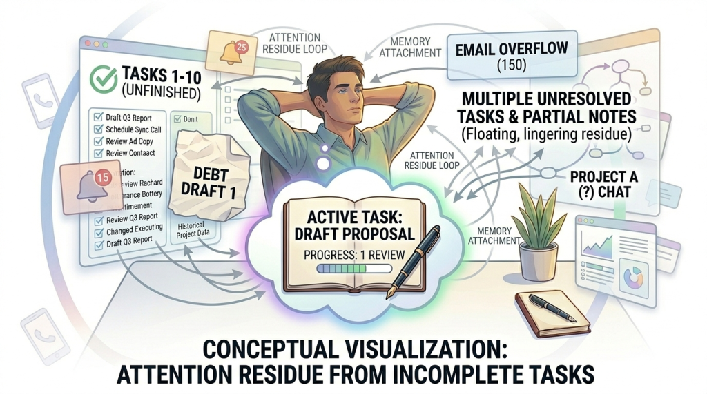 person moving between multiple task windows connected by fading trails