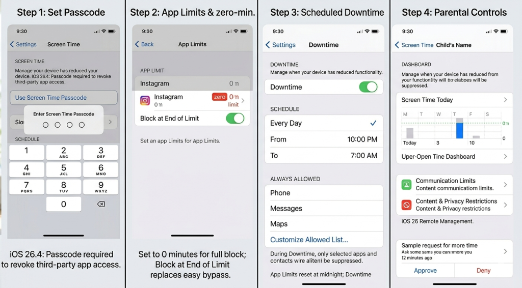 showcases the key Screen Time setup steps