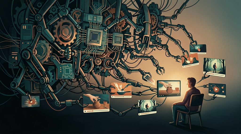 editorial illustration of a giant algorithmic machine behind a person watching videos