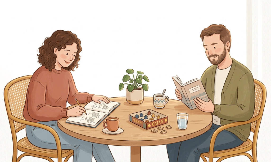 Two people sitting together at a cozy café-style table.