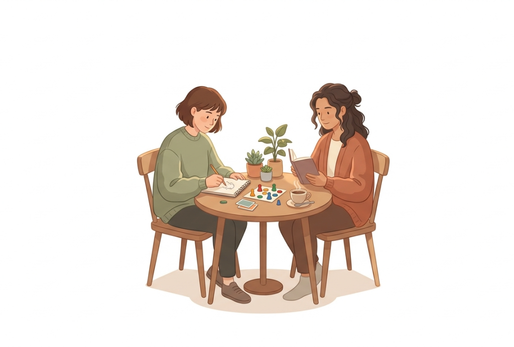 Two people sitting together at a cozy café-style table.