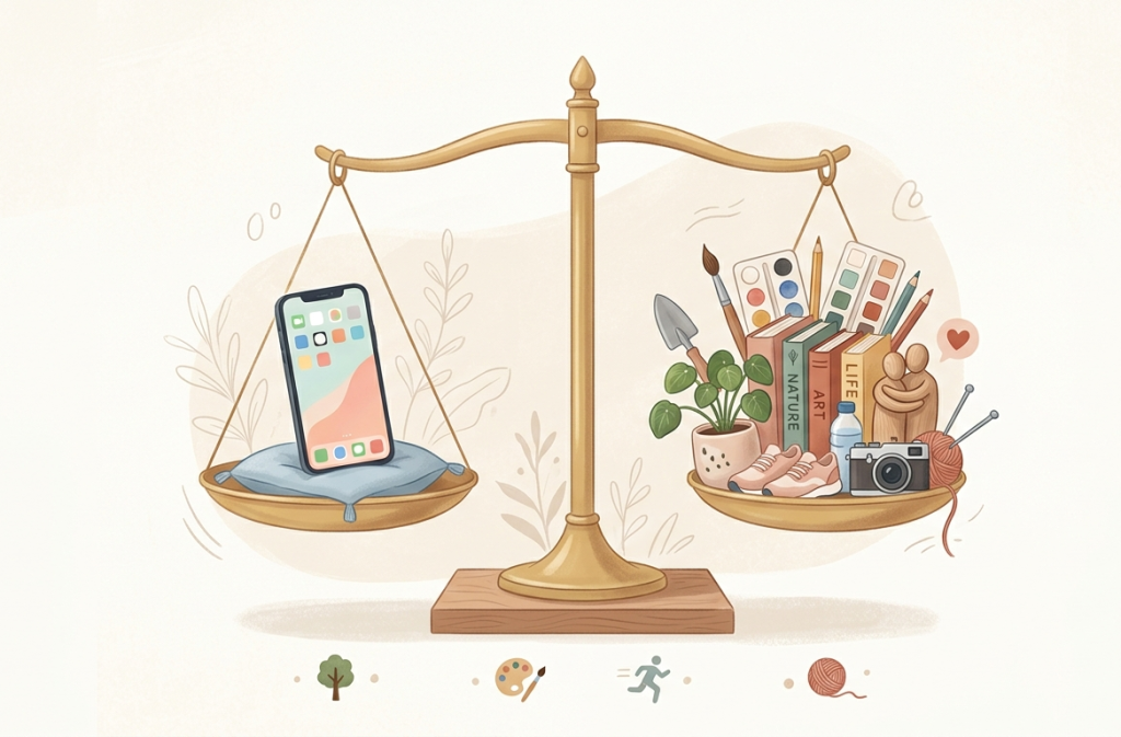 One side holds a smartphone, while the other side holds books, hobbies.