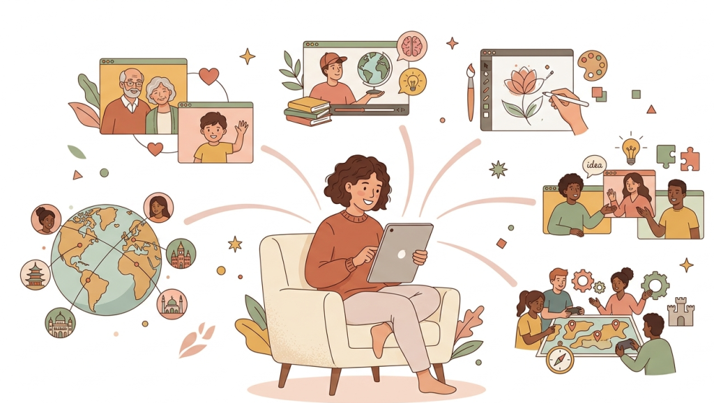 A central person using a tablet while surrounded by soft visual representations of the benefits of healthy screen use