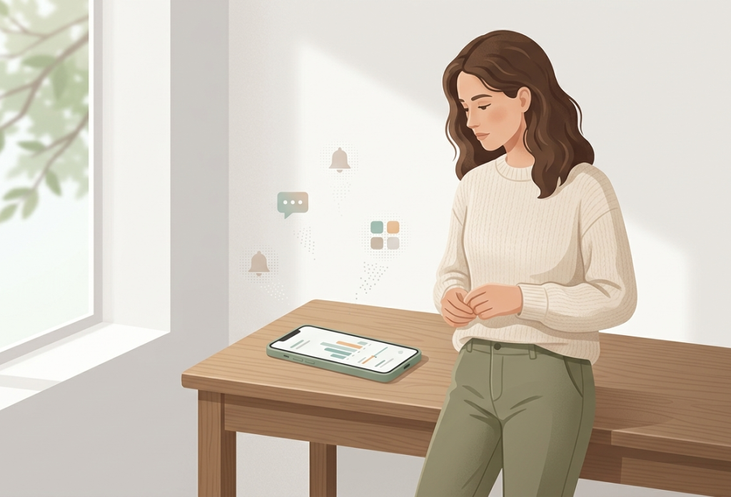 A smartphone displays a simple usage graph while a person pauses thoughtfully beside it