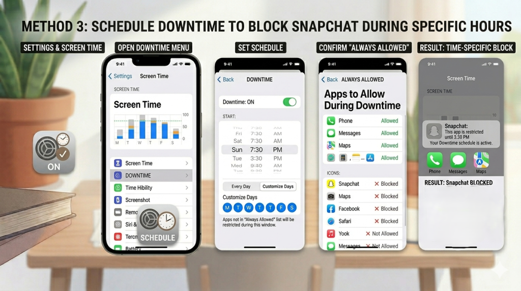 Method to schedule downtime to block Snapchat during specific hours