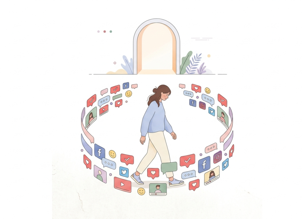 person walks through a circular path made of floating smartphone notifications