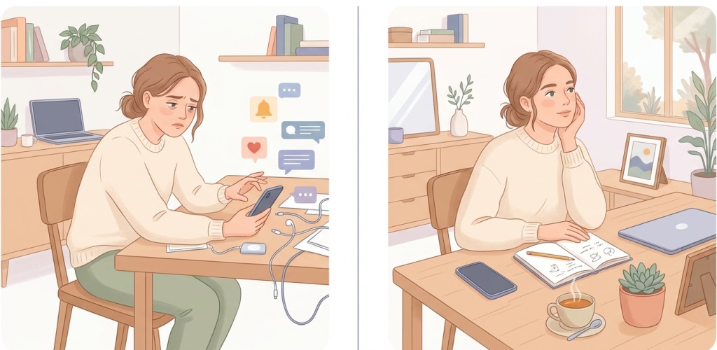 split-scene showing the same person in two moments