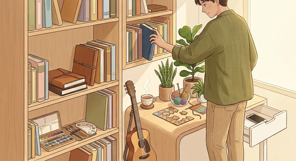 A beautifully styled bookshelf and side table displaying inviting offline activities