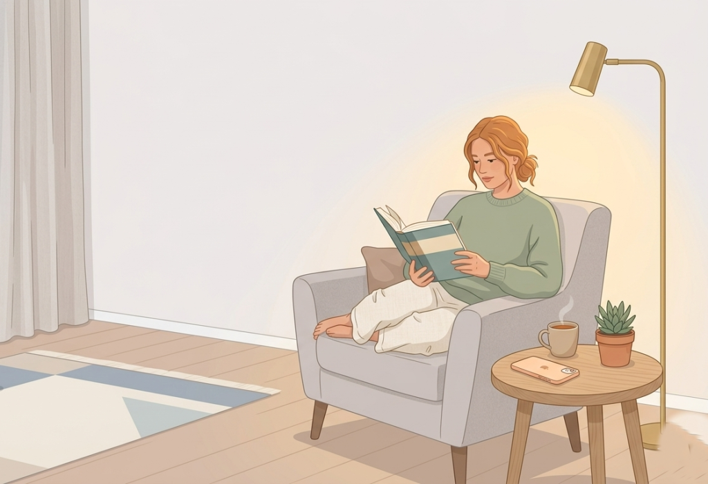 iPhone resting on a side table while its owner relaxes nearby reading a book