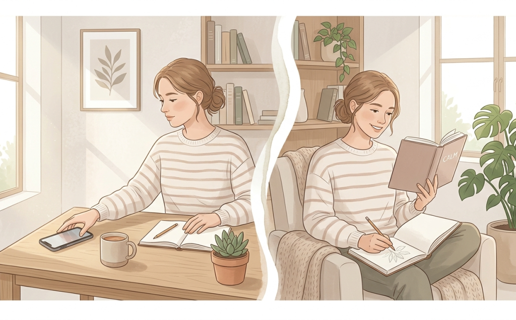 one person transitioning from passive phone scrolling to meaningful offline activities