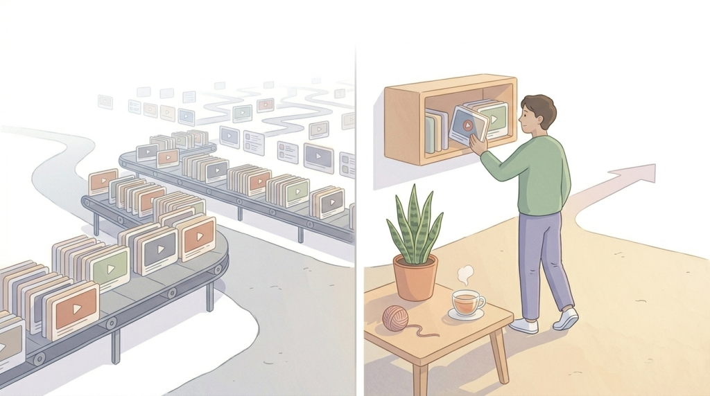 winding maze made of floating video thumbnails and recommendation cards