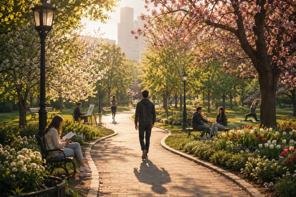 quiet city park during early morning where a person slowly walks