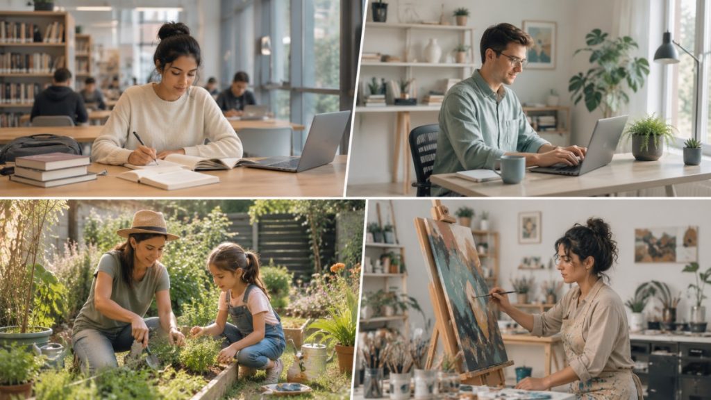Four diverse individuals in separate everyday environments