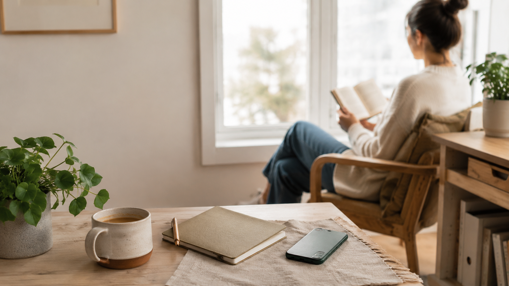 A person sits comfortably in the background reading a book near a large window