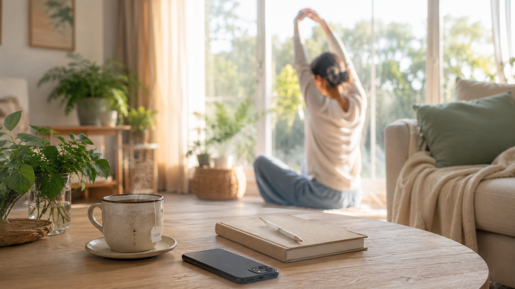 a person relaxes near a large sunlit window