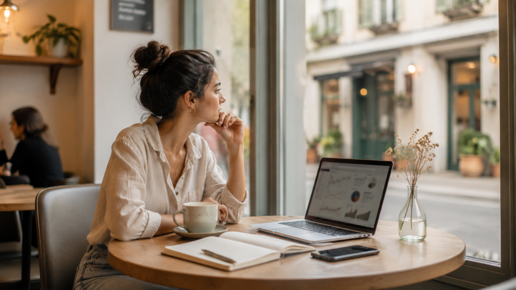 professional sits by a large window with an open notebook