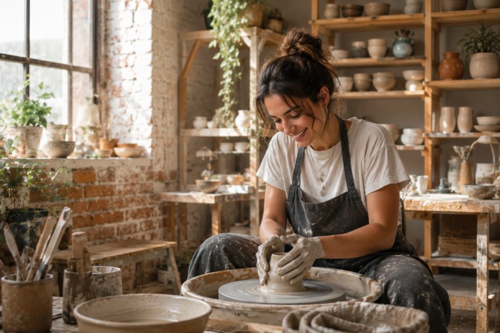 A young adult shapes clay on a pottery wheel with complete focus