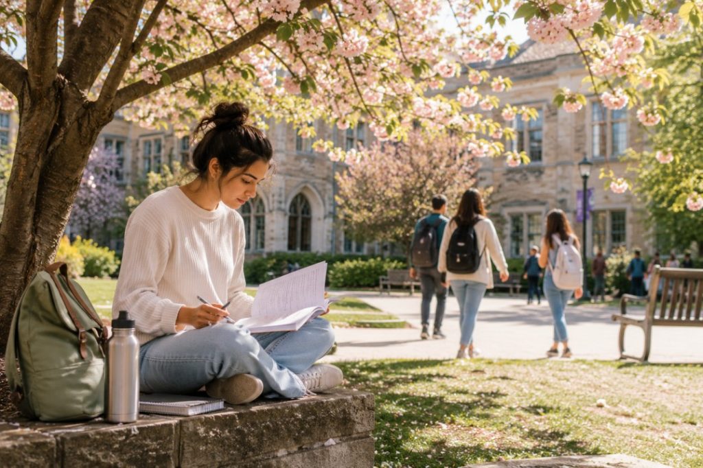 woman sits beneath a flowering tree reading printed notes