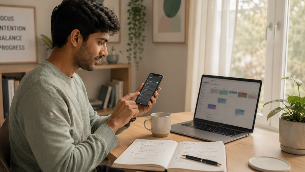 smartphone while an open laptop beside them displays a blurred productivity calendar
