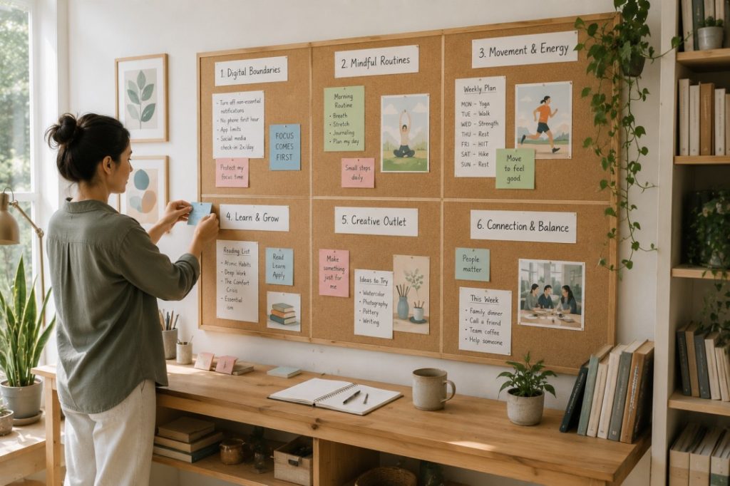 large corkboard divided into six neatly organized sections with handwritten notes