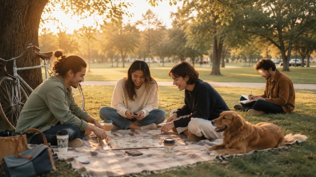 neighborhood park during golden hour where three friends sit on a picnic