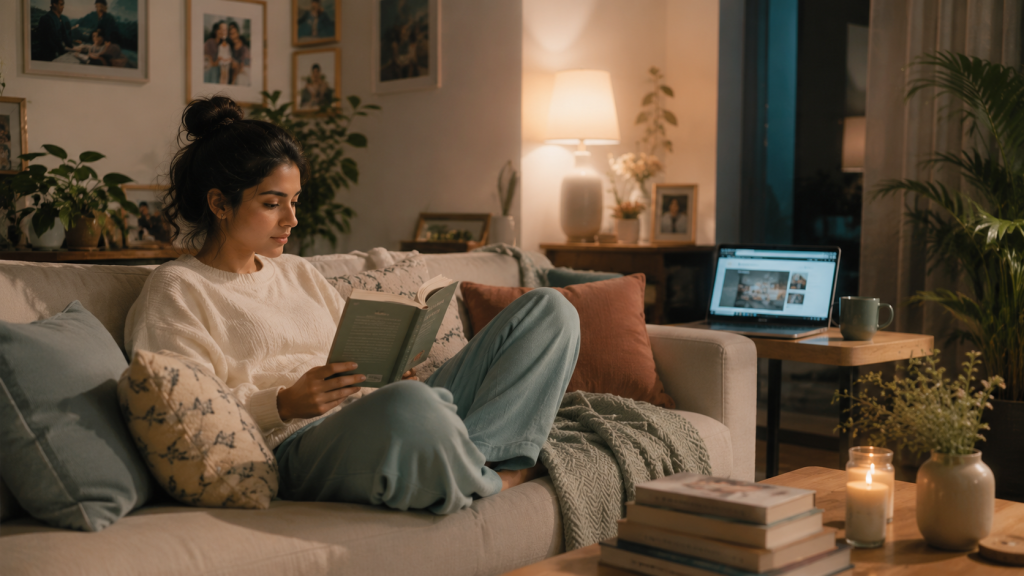 young adult sits comfortably reading a paperback book while a laptop nearby