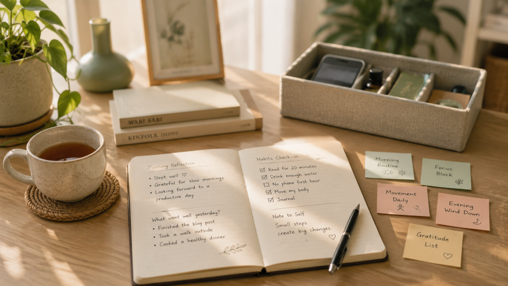 home workspace with a handwritten notebook open beside a cup of tea