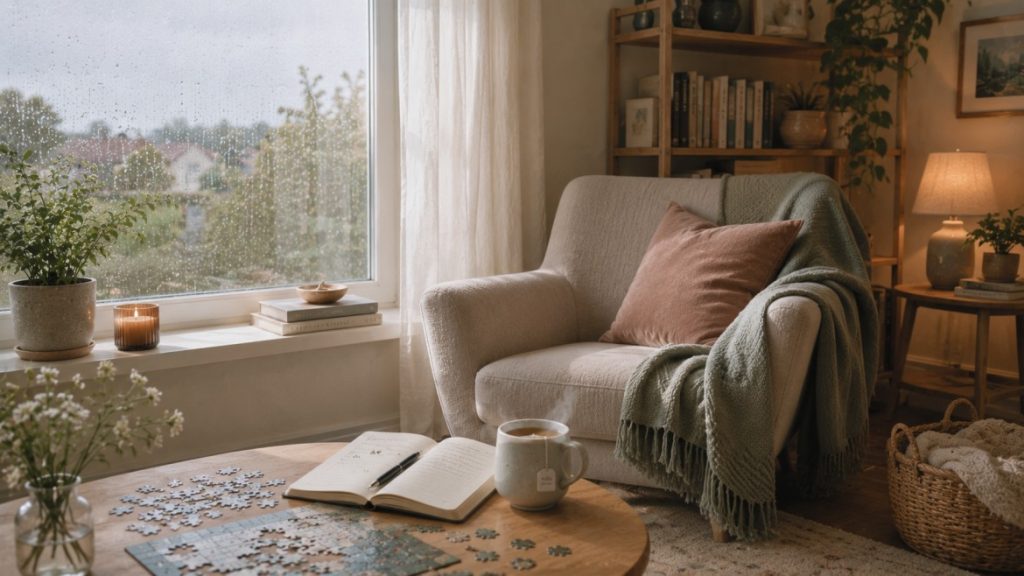 quiet reading corner beside a large window