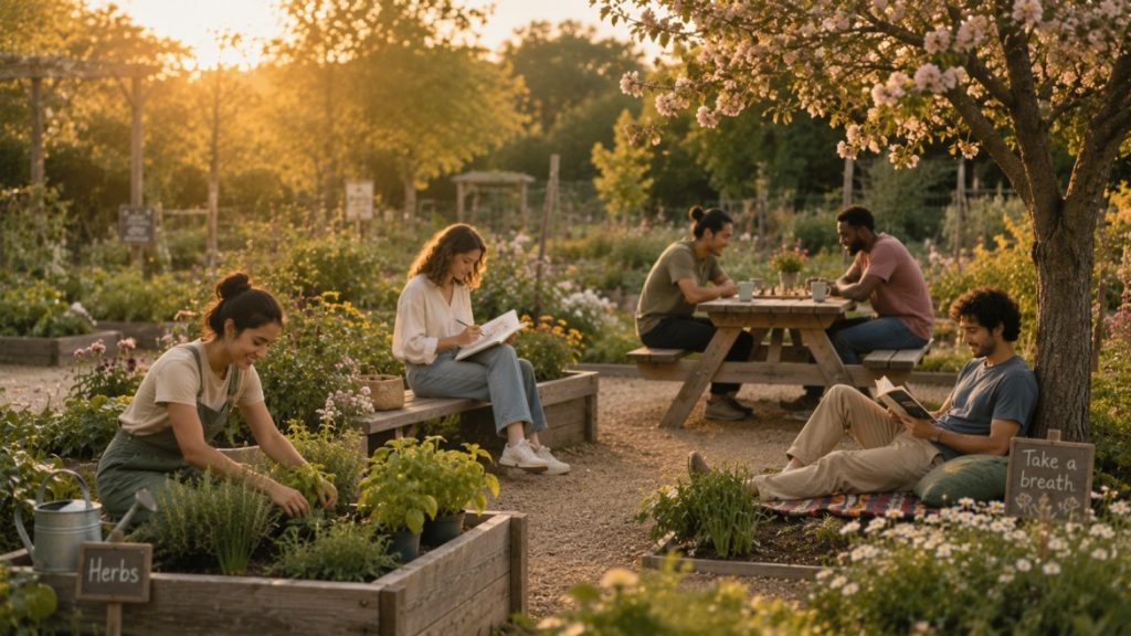 community garden during golden hour where several people enjoy different simple activities